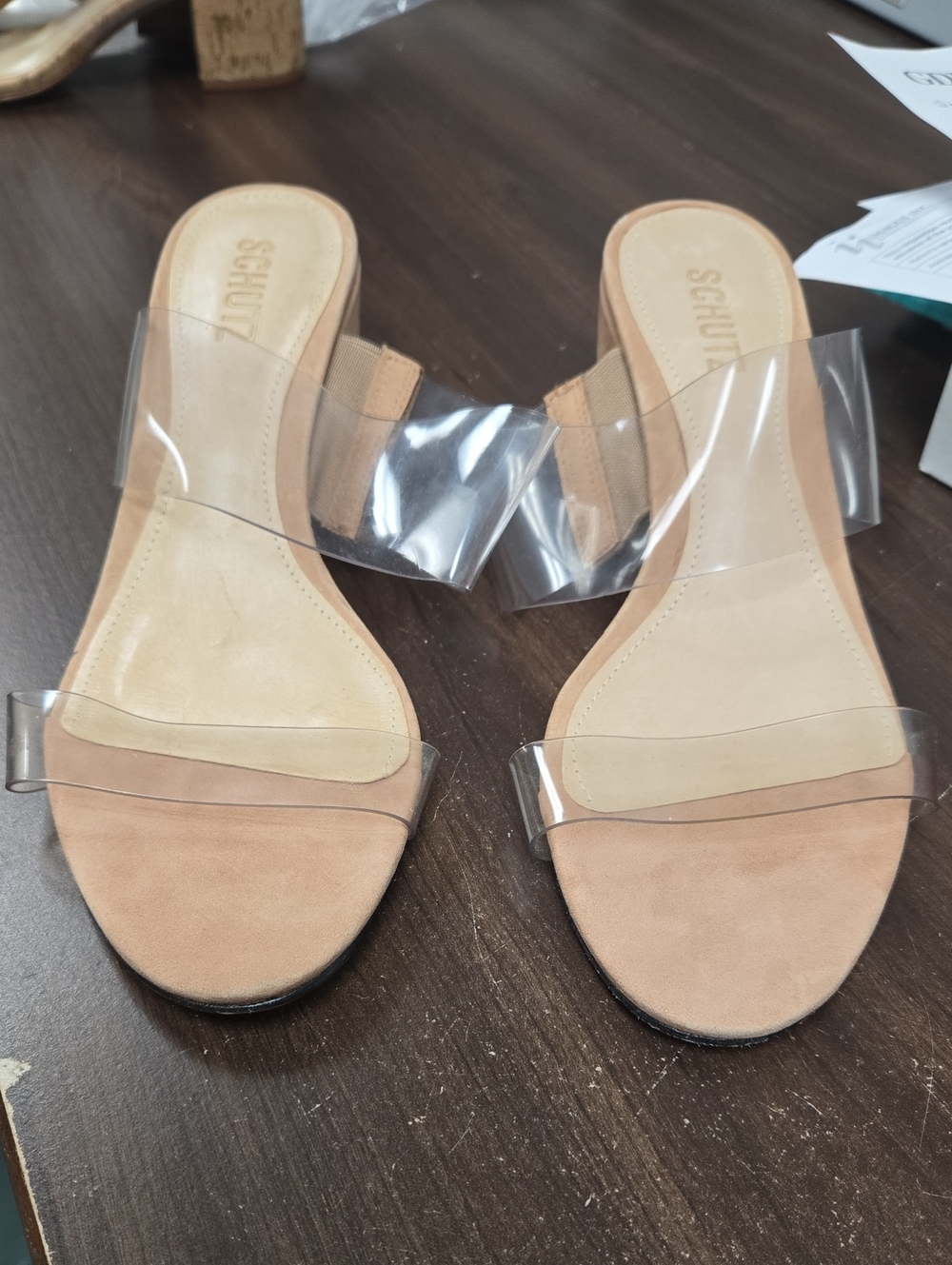 SCHUTZ Size 9B Beige Clear Double-Strap Slide Sandals